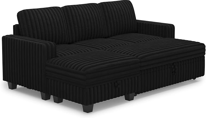 Belffin Corduroy Modular Sectional Sleeper Sofa with Pull Out Bed Small Sectional Couches with Storage for Living Room Apartment Couch. Black Couch