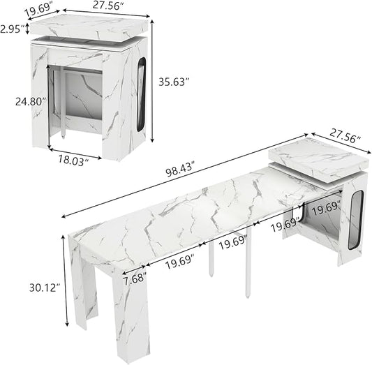 Extendable Dining Table with Charging Station, Convertible Folding Console Table for 6-8 People, Space-Saving Dining Table with LED Lights, Wood Rectangle Kitchen Table, Marble White (No Chairs)