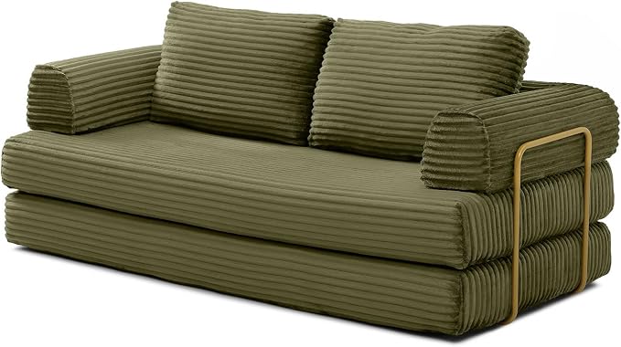 HANXIN 80 Inch Convertible Sleeper Sofa Bed, High Back Plush Corduroy Folding Floor Mattress Couch with Fixed-Shape Frame, Boneless Futon Loveseat with Pull Out Bed, No Assembly Required (Green)