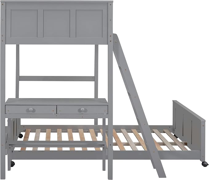 Ball & Cast Twin Over Full Bunk Bed with Safty Guardrail & Stairway,Heavy Duty Wood Loft Bedframe W/Desk & Drawers,Easy Assembly,Versatile Functional Bedroom Furniture Set for Boy Girl Teens,Gray