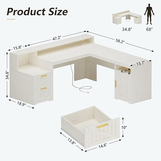 YOMILUVE 63" Farmhouse L Shaped Executive Desk with Drawers & Storage Shelf, Corner Computer Desk with Power Outlets, L Shaped Office Desk with Monitor Stand, Printer Shelf, White