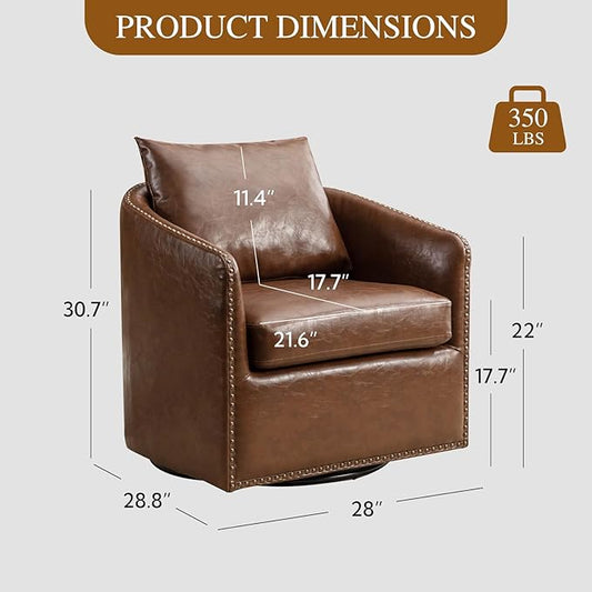 HAOMARKETS 360 Degree Swivel Accent Chair Set of Two with Plump Back Pillow, Waterproof Oil Waxed PU Leather Swivel Armchair with Rivets, Comfy Vintage Round Barrel Chair for Living Room