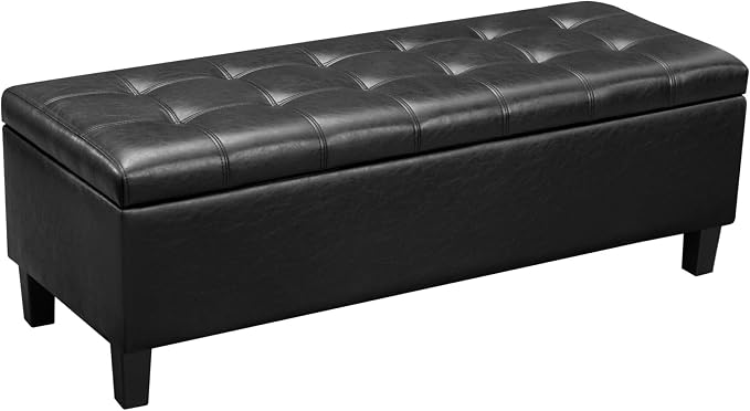 Asense 45" Storage Ottoman Bench,Faux Leather Upholstered Ottoman with Legs,Tufted Ottoman with Safety Hinge,Storage Bench for Bedroom,Living Room,Entryway,Black