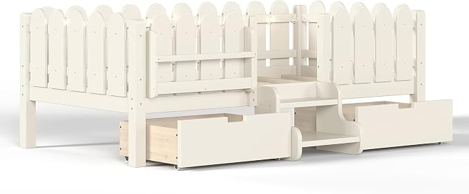 Bellemave Twin Montessori Bed with Stairs, Lights, Rails and Slats, Twin Size Montessori Floor Bed with Bookshelf and 2 Storage Drawers, Easy Assemble Beds Frame for Girls, Boys, Beige