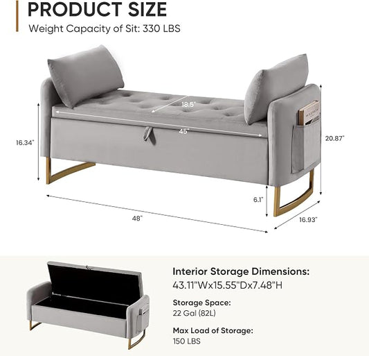 48" End of Bed Bench, Modern Storage Benches with Button-Tufted, Velvet Upholstered Storage Ottoman Bench for Foot of Bed with Arms, Gold Legs Window and Entryway, Light Grey