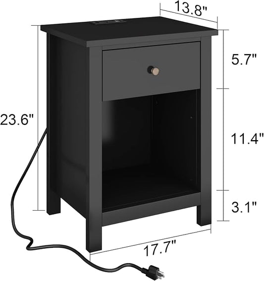 ChooChoo Black Nightstand Set of 2,Night Stand with Charging Station, Wooden Top Bedside End Table with Drawer and Storage Space for Bedroom