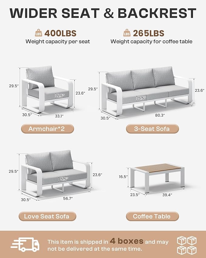 Oversized Aluminum Outdoor Furniture Set, Extra Large Patio Furniture Sofa Set 4.8” Widened Armrest & Ultra-Thick Cushions, 5 Pcs Modern Patio Sectional for Backyard, Porch, White