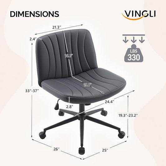 VINGLI Criss Cross Legged Chair,Wide Comfy Office Desk Chair,Dual-Use with/no Wheels Computer Task Chair,Swivel Armless Vanity Rolling Chair for Study,Make Up,Home Office,Cat Scratch PU Leather,Black