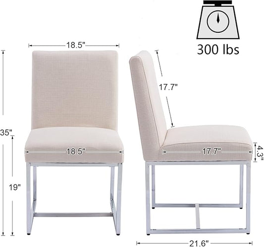 HNY Modern Dining Chairs Set of 6, Upholstered Linen Dining Room Chairs with Ergonomic Back & Polished Silver Metal Frame for Home, Kitchen, Apartment, Cream
