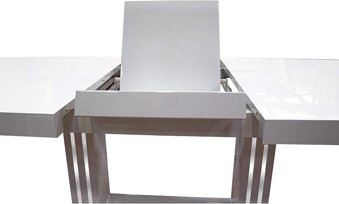 Bailey Extendable 63"- 79" Rectangle Dining Table, High-Gloss Lacquered Top, Expands for Extra Seating, Mirrored Trim Support Pillar, Stainless Steel Bottom Base, Modern Contemporary Design (White)