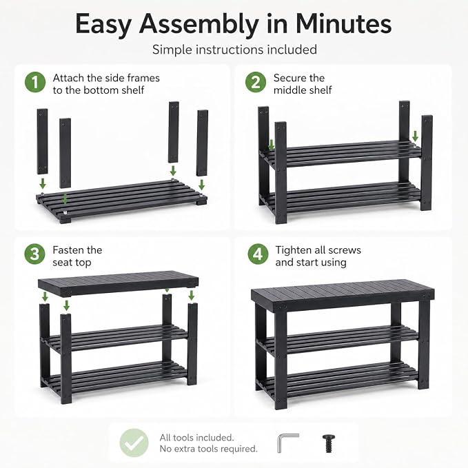 Shoe Rack Bench, 3-Tier Shoe Storage Organizer for Entryway , Shoe Shelf for Small Spaces, Multi-Functional Side Table Plant Stand, Shoe Stand for Bedroom, Living Room, Closet, Front Door, Black