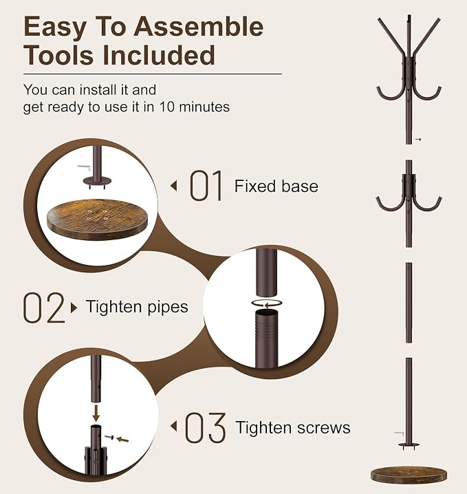 MISSLO Heavy Duty Coat Rack Freestanding with Stable Wood Base Modern Brown Coat Tree with 12 Hooks Adjustable Coats Hanger Stand Stylish Standing Clothes Tree for Entryway Bedroom Corner Hall
