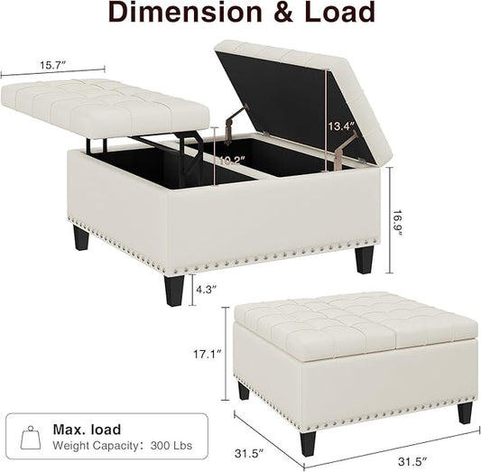 FiveWillowise Square Leather Ottoman with Storage, Faux Leather Coffee Table with Lift Top,Large Upholstered Footrest Stool Toy Box Storage Bench for Bedroom Living Room, Ivory White