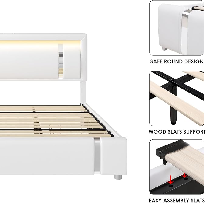 Keyluv King Size Bed Frame with RGB LED Lights & 2 Storage Drawers, Modern Upholstered Platform Bed with Iron Metal Decor, USB Charging Ports, White