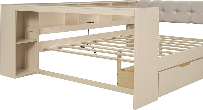 Bellemave Full Size Corner Bed Frame with Storage Shelves and Desk, Wood Full Daybed with Bookcase and Drawers and Upholstered Headboard, Cream