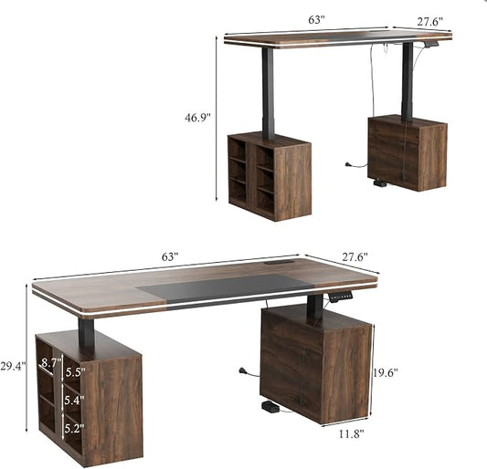 MOUMON 63" Executive Standing Desk with Storage Pedestals and LED Lights, Electric Height Adjustable Desk with Shelves and Built-in Outlets, Walnut and Black 63" W x 27.6" D x 29.4"-46.9" H