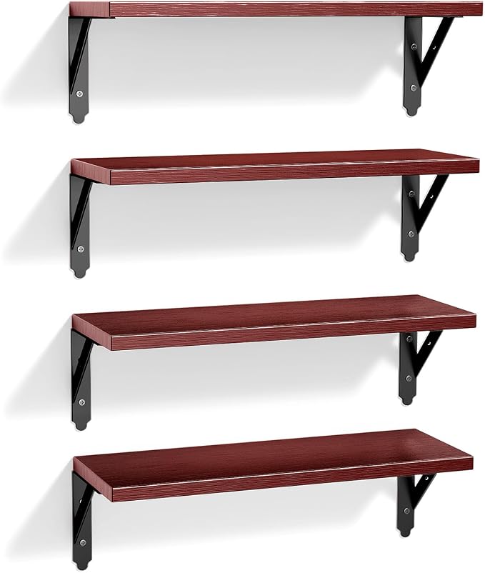 ROMGUAR CRAFT Wood Floating Shelves Set of 4, Rustic Storage Decor Wall Shelves, Wall Mounted Shelf for Living Room, Bedroom 17" x 6", Red