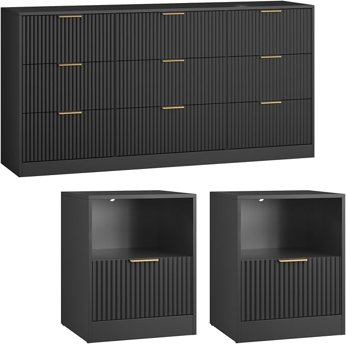 3-Piece Fluted Black Dresser and Nightstand Set, 63” Wide Bedroom Dresser Set Night Stand Set of 2 with Metal Handle, Modern Wood Chest of Drawers Storage Dressers Set for Bedroom, Black