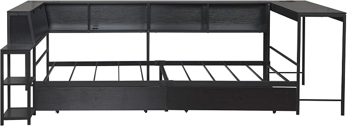 Bellemave Queen Size Corner Bed Frame with Storage Drawers, Bookcase and Side Desk, Queen Corner Bed with Light and Charging Station, Daybed for Bedroom, Living Room, Guest Room Black
