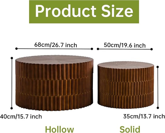 Round Nesting Coffee Table Set of 2 Modern Fluted Coffee Table Walnut Round End Table Small Side Table Circular Coffee Tables Circle Nested Coffee Tables for Living Room (Brown Large)