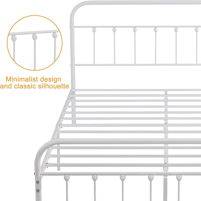VECELO White Metal Bed Frame Queen Size with Vintage Headboard and Footboard, No Box Spring Needed, Premium Stable Steel Slat Support Mattress Foundation