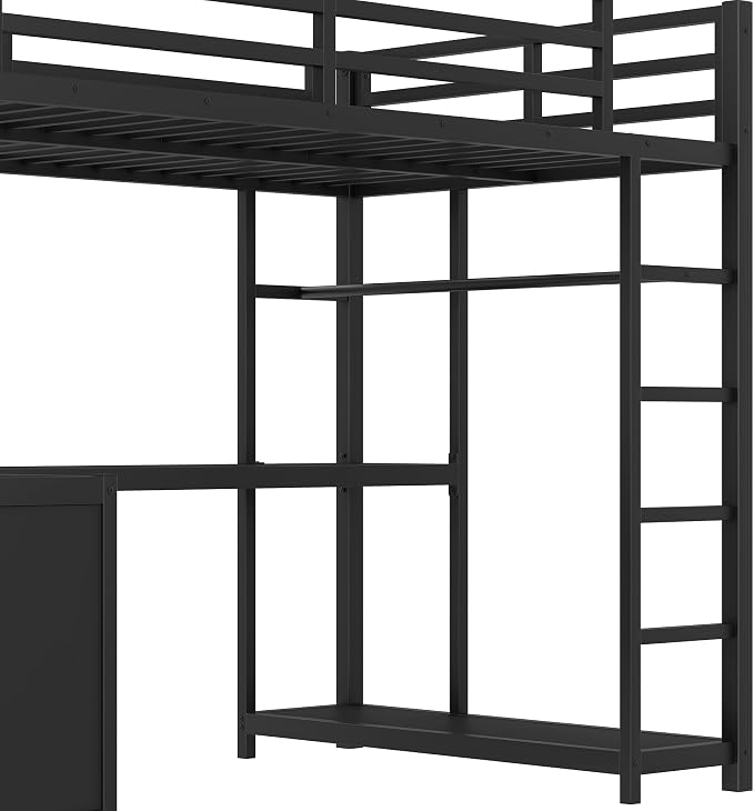 Bellemave Twin XL Size loft Bed with L Desk, Wardrobe, Metal Twin XL Loft Bed Frame for Adults, Kids, Teens, Black