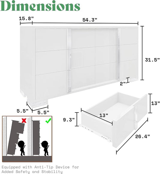 AMERLIFE 3 Piece Bedroom Set, Two 23.6" Nightstands & 6-Drawer Dresser, Silent Glide Drawers & Metal Handles, Modern High Gloss UV Finish, Dresser Set for Bedroom, White