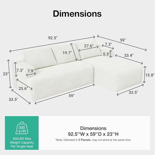 Novilla L-Shape Sectional Couches for Living Room with Smarts Coil® Support, 3 Seater Sectional Sofas for Living Room Bedroom, Corduroy Cloud Couch Sectional, No Assembly(Beige, Right Hand Facing)