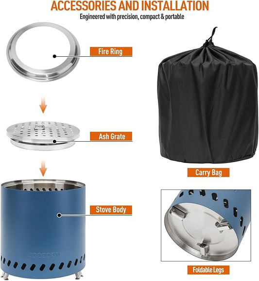 Portable Table Top Fire Pit with Stand, 8.6" Stainless Steel Mini Outdoor Low Smoke Burning Tabletop Firepit Fueled by Pellets or Wood, for Outside Camping Blue