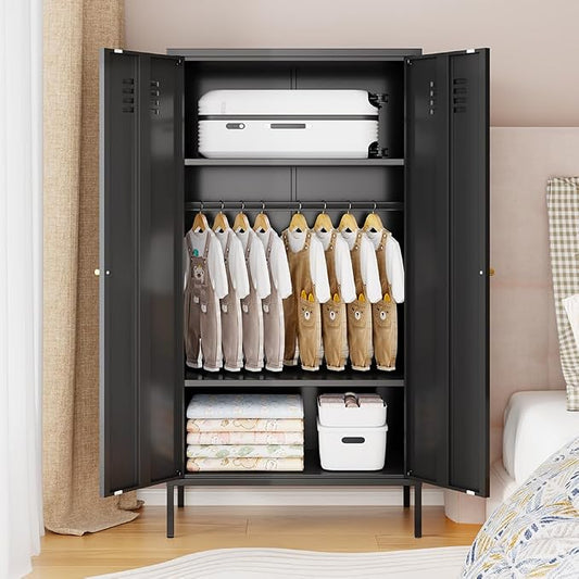 2 Door Metal Cabinet with Hanging Rod and 2 Freely Adjustable Shelves,Storage Locker Cabinet Closet for Office,Garage(Cabinet, Black)