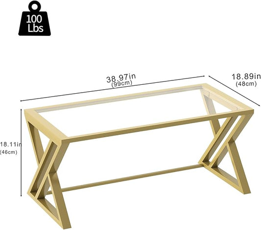 Wolawu Coffee Table Gold Glass Coffee Table for Living Room,Modern Rectangular Center Table with Sturdy Metal Frame,Tempered Glass Table Tea Tables for Bedroom Home Office