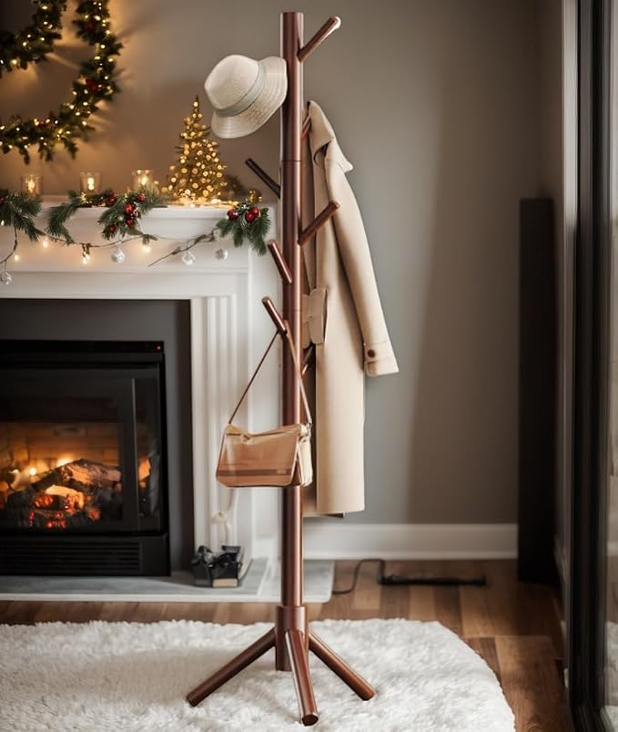 Pipishell Solid Wooden Coat Rack Freestanding, Hall Tree with 8 Hooks, 3 Height Options for Coats, Hats, Handbags, and Scarves, Tool-Free Assembly, Space Saving Design for Entryway, Office, Bedroom