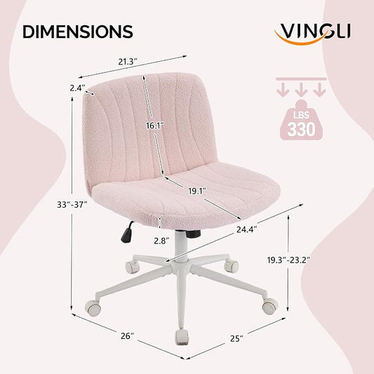 VINGLI Criss Cross Legged Chair,Wide Comfy Office Desk Chair,Dual-Use with/no Wheels Computer Task Chair,Swivel Armless Vanity Boucle Chair for Study,Make Up,Home Office,Teddy Fleece,Pink