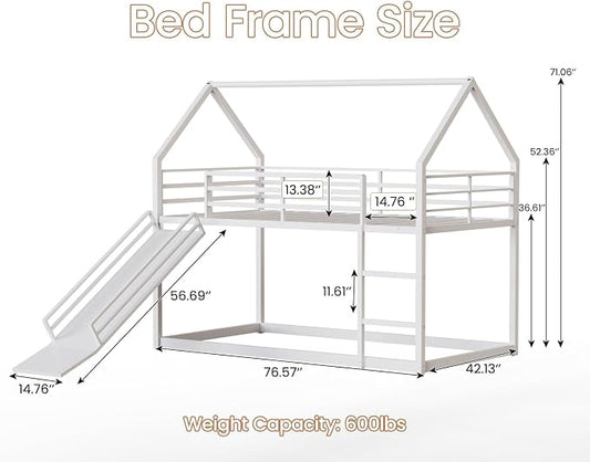 Twin Over Twin Bunk Bed with Slide 40° Gentle-Slope & LED Light, House-Shaped Low Bunk Bed Twin Size with 13.4" Extra-Tall Guardrail & Ladder, Heavy Duty, No Box Spring Needed, Easy Assembly, White