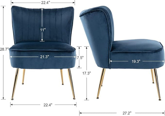 DUOMAY Modern Accent Chair Set of 2 Velvet Slipper Chair with Gold Legs Wingback Side Chair for Living Room Bedroom Entryway Small Corner Chair for Space Saving, Blue