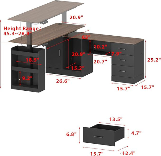 MOUMON Electric Standing Desk with Drawers and Shelves, Executive Adjustable Height Stand Up Desk, L-Shaped Design, 63 inch Tabletop, for Office Deep Brown and Black 63”W x 63”D x 28.9-45.3”H