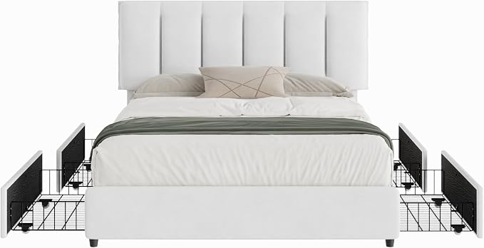 VECELO Queen Size Bed Frame with 4 Storage Drawers, Adjustable Height Headboard, Heavy-Duty Platform Bedframe with Strong Wooden Slats, No Box Spring Needed, Pure White