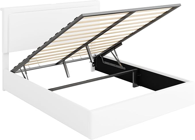 Allewie Full Size Lift Up Storage Bed Frame with Charging Station & LED Lights, Adjustable Velvet Upholstered Storage Headboard, Type-C & USB Ports, Hydraulic Support, No Box Spring Needed, White