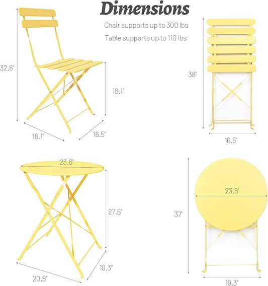 3-Piece Folding Bistro Set, 2 Chairs and 1 Table, Weather-Resistant Outdoor/Indoor Conversation Set with Heavy-Duty Powder-Coated Steel Frame for Patio, Yard, Garden (Yellow)
