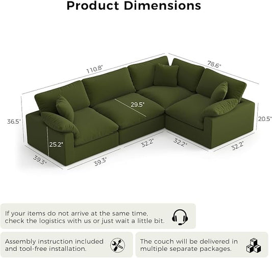 Modular Sectional Sofa, 4 Seater Cloud Couch,Down Filled Comfy Cloud Modern Sofa,Green Linen Oversized Couch Cushion Covers Removable for Living Room