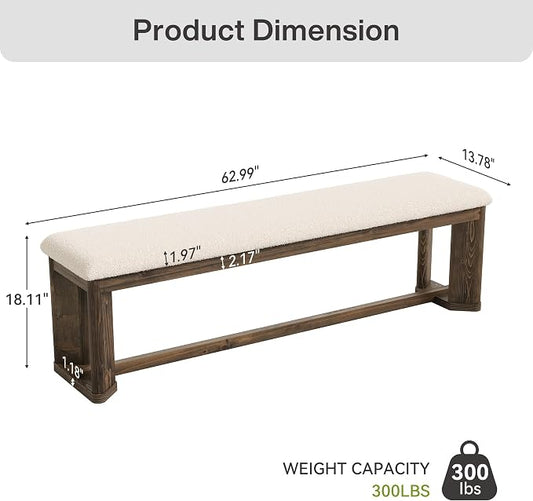 LITTLE TREE 63" Upholstered Bench, Solid Wood Entryway Shoe Bench with Cushion, Long Modern Farmhouse End of Bed Bench with Antique Brown Legs & Faux Lamb Fur Seat for Bedroom, Living Room, Dining