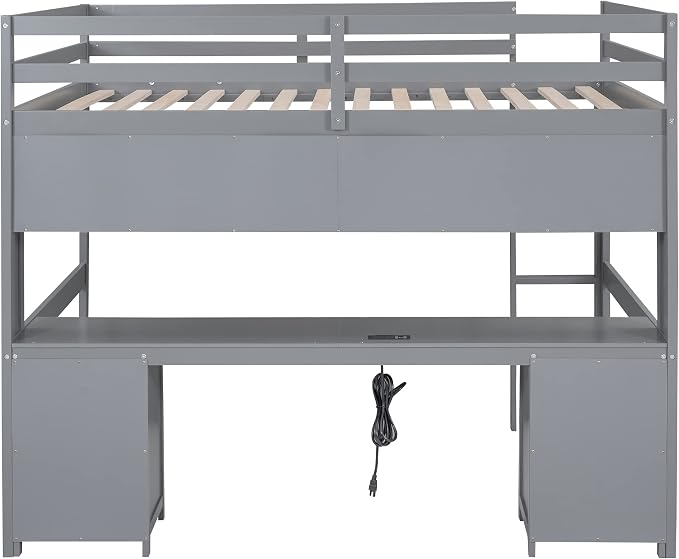 Full Size Loft Bed with Desk, Storage Cabinets, Drawers and Bedside Tray, Multifunctional Full Beds with Plug Outlets & 2 USB Port, Gray