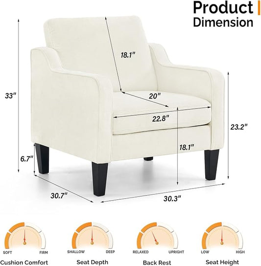 VINGLI Living Room Chairs White Accent Chair Soft Chenille Comfy Arm Chair Mid Century Modern Sofa Chair for Small Spaces Bedroom, Home Offfice, Apartment, Lounge (Creamy White)