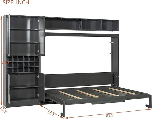 Queen Murphy Bed with Couch, Storage Shelves and USB, Folding Wall Bed | Stores bed and mattress together, with built-in light, 600 lbs capacity and 8-10 in mattress support for small spaces