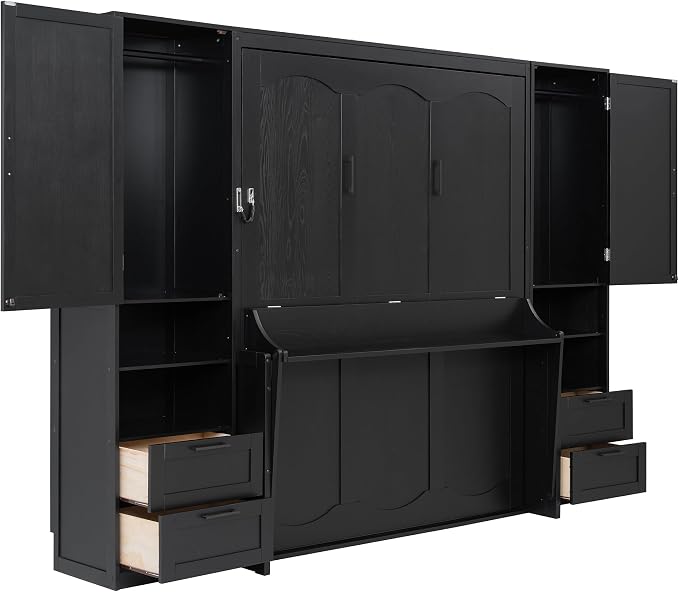 Merax Queen Size Murphy Bed with Desk, Closet, Drawers and Shelves, Fold into The Wall, Space-Saving Foldable Wood Platform Bed Frame for Small Spaces Studio Study Office Guest Room, Black(Oak Veneer)