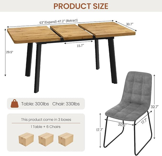 Extendable Dining Table Set for 4 to 8 People, 47.2" to 63" Modern Kitchen Table Set with 6 Chairs, MDF Dining Room Table and Chairs with Removable Extension Leaf (Walnut Table+U-Shaped Grey Chairs)