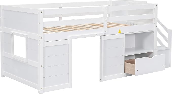 Bellemave Twin Size Low loft Bed for Kids,Wood Loft Beds,Modern Farmhouse Twin loft Bed,Loft Bed with Desk and Storage, No Box Spring Needed,for Kids,White