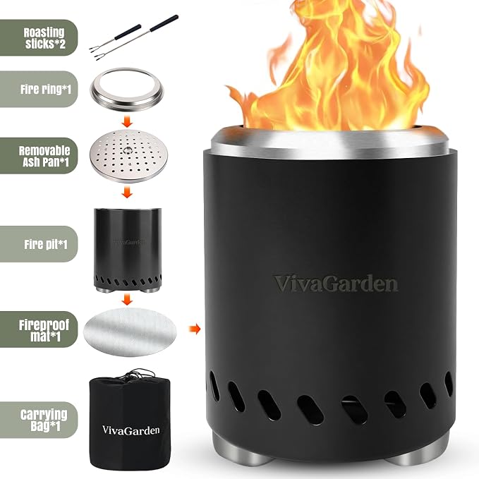 Smokeless Tabletop Fire Pit, VivaGarden Portable Outdoor Fire Pit for Camping, Patio, Backyard, Wood and Pellets Burning Camping Stove with Carry Bag, Forks, Mat and Pot Stand (9.7x7.1 Inch, Black)