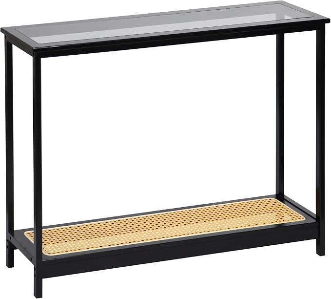 Bamboo Narrow Console Table, 39.4"(L) Wood Small Entryway Table with Rattan and Glass, Accent Slim Hallway Tables, Thin Sofa Side Tables for Hallway, Living Room, Bedroom, Foyer, Black