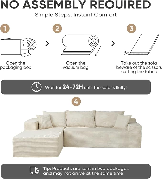 Boneless Couch, 102.4" Sectional Couches for Living Room with L Shape Sofa | Cloud Couch Sectional with Chaise, Modular Cloud Sofa with Deep Seat, No Assembly, Beige, Corduroy, Left Chaise